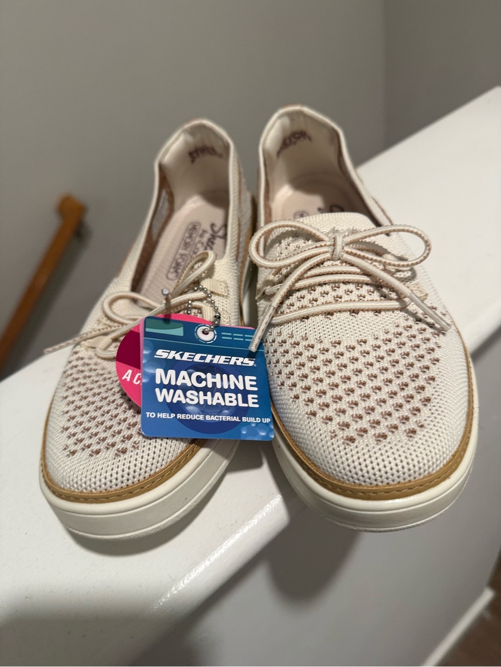 Skechers Cream Knit Espadrille-Style Lace-Up Sneakers with Tan Trim